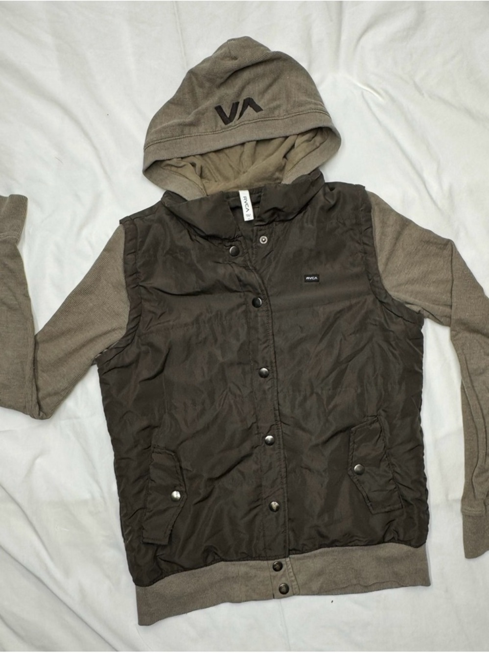 RVCA Hooded Snap Jacket Medium Brown Taupe Waffle Knit Sleeve Mixed Media Coat